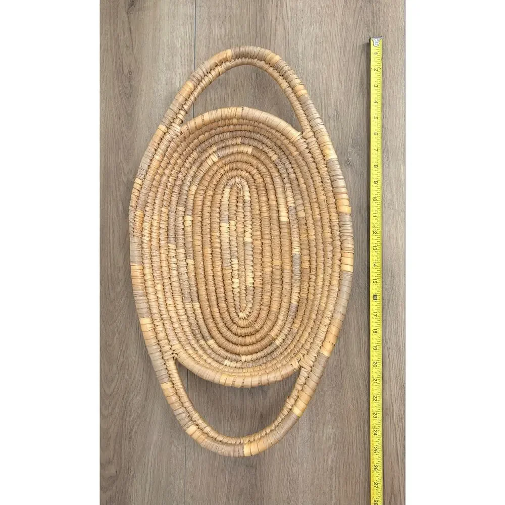 Vintage Boho Hand Woven Coil Straw Basket Tray, Oval Serving Platter, Wall Art
